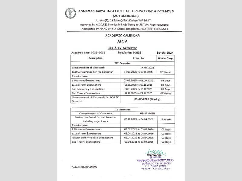ACADEMIC CALENDAR MCA III & IV SEM (HM23)